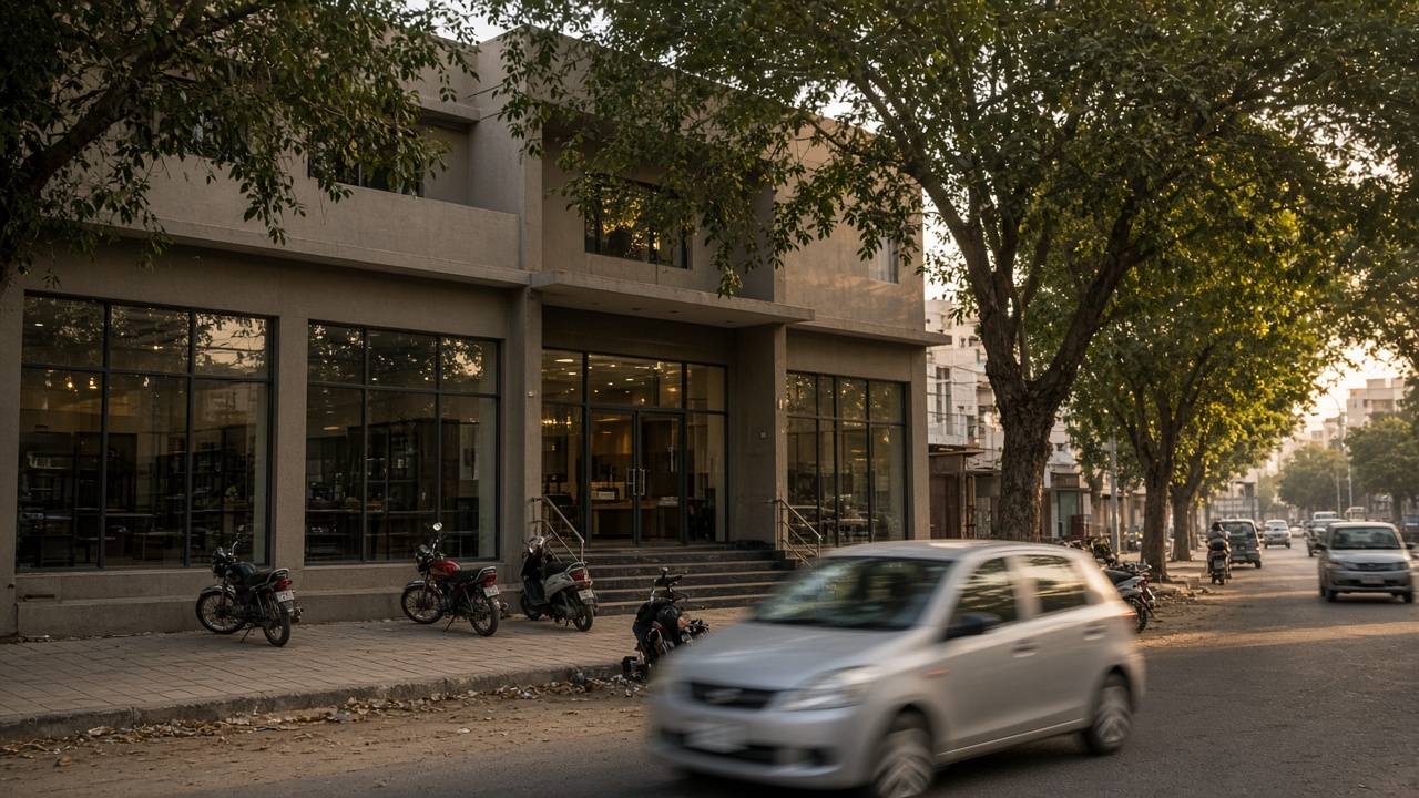 A commercial street in Karachi in the late afternoon