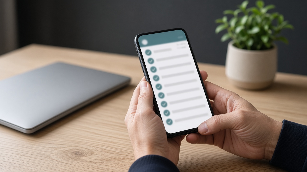 A phone held over a desk, showing a simple checklist
