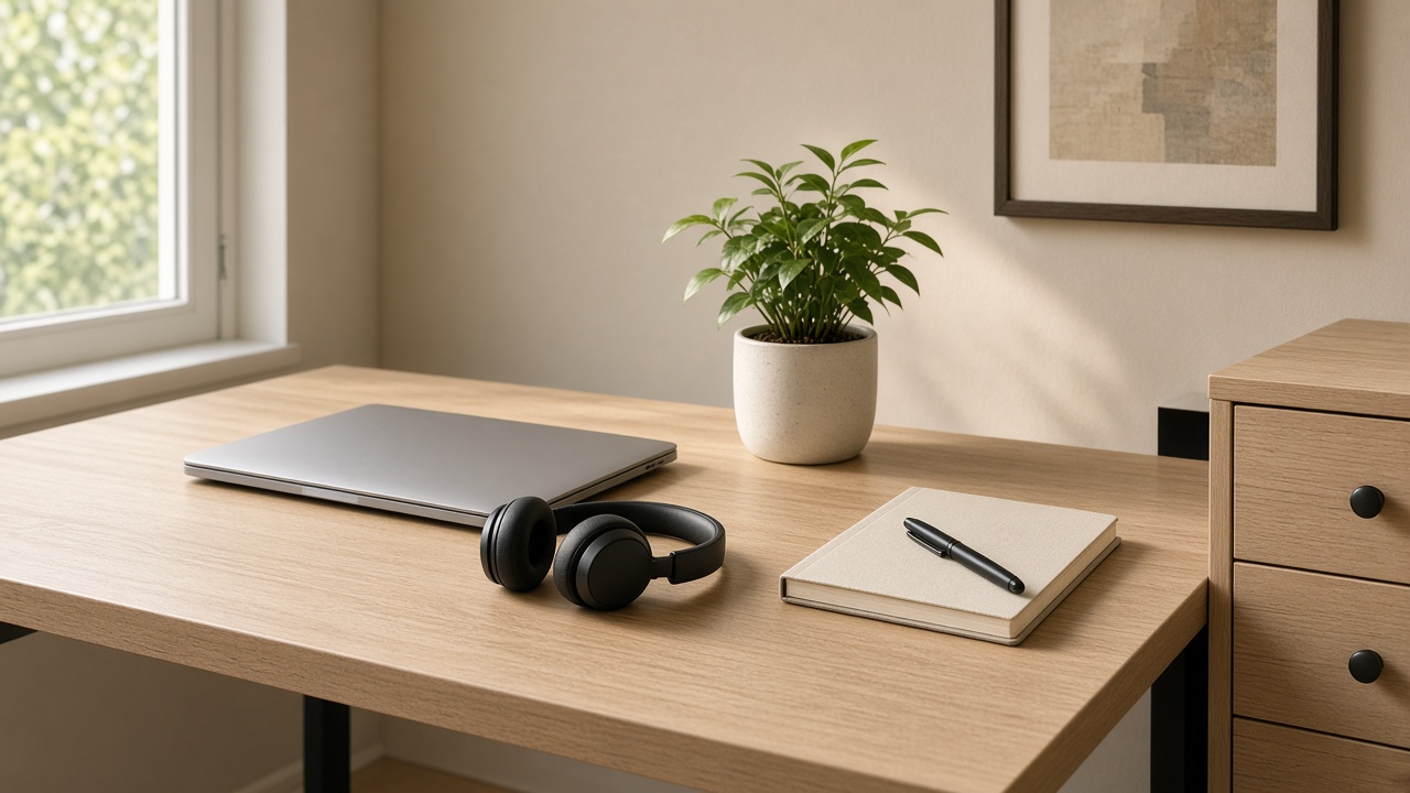 A quiet desk with a laptop, headset, and notebook