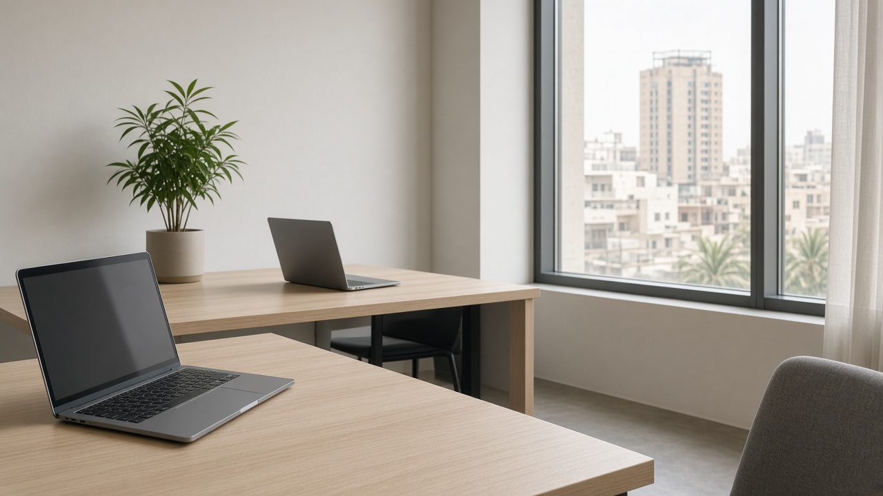 A quiet studio with desks and a window