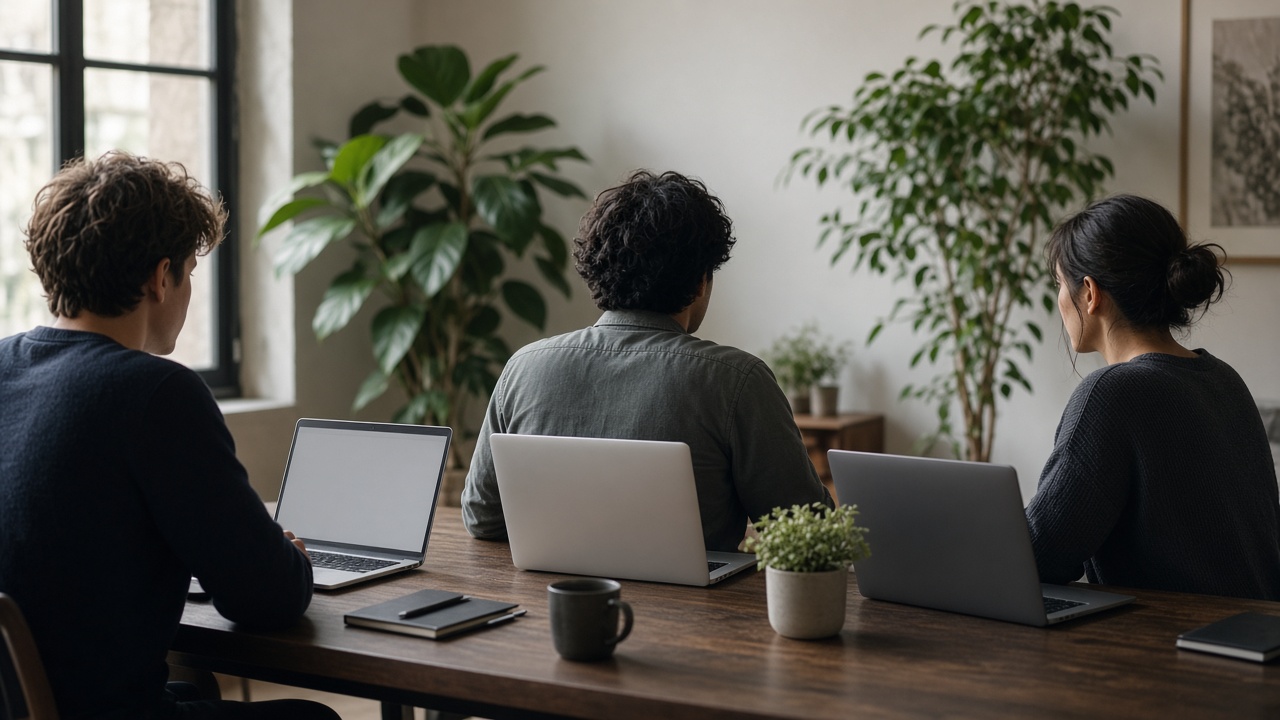 People working at laptops in the studio